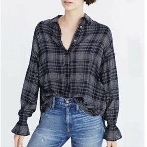 Madewell Westward Bell Sleeve Blue Plaid Blouse Medium